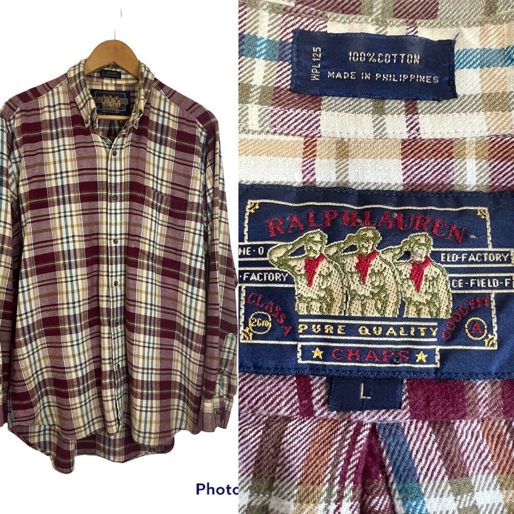 Ralph Lauren Chaps Men's L Plaid Flannel‎ Boy Scouts Label Vintage 90s